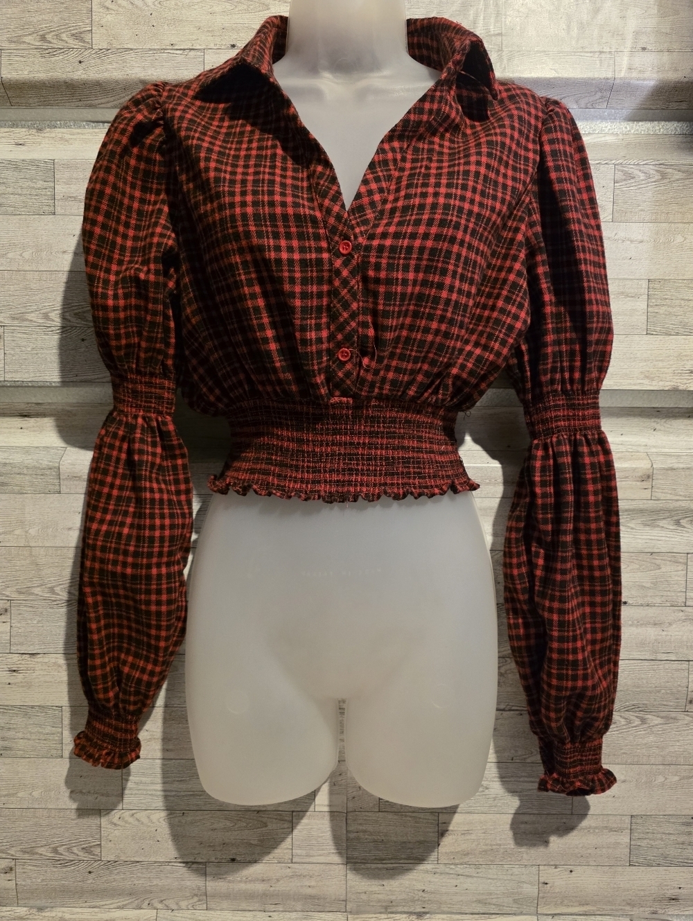 HYFVE Red and Black Plaid Smocked Waist Button-Down Blouse